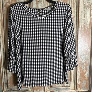 Daniel Rainn Black Gingham Womens L 3/4 Sleeve Blouse Ruffle Flared Cuffs